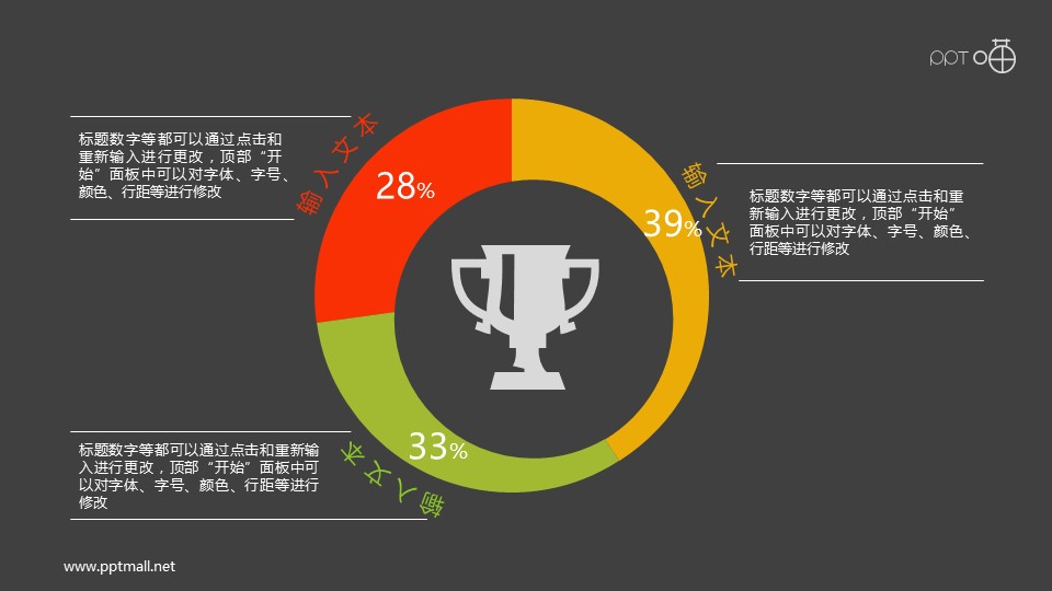 獎(jiǎng)杯點(diǎn)綴的3部分偏心圓環(huán)圖ppt素材