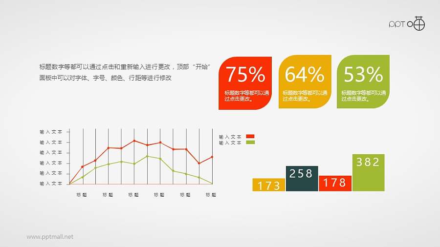 扁平化的折线图、柱状图和百分比组合素材