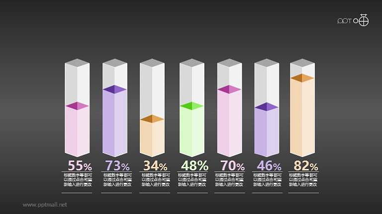 七个横向排列的柱状统计图PPT素材