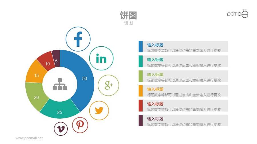用不同图标表示不同类型数据的饼状图PPT数据模板