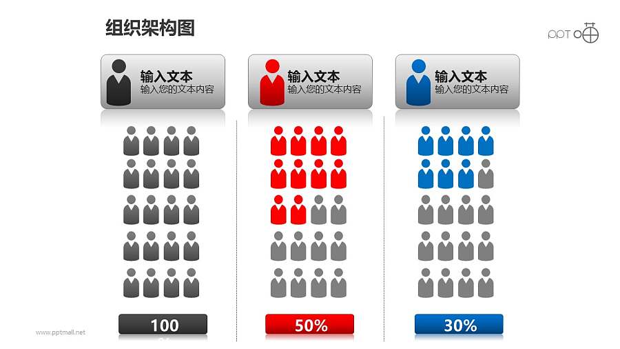 组织架构图之3部分并列等级管理关系图形PPT素材下载