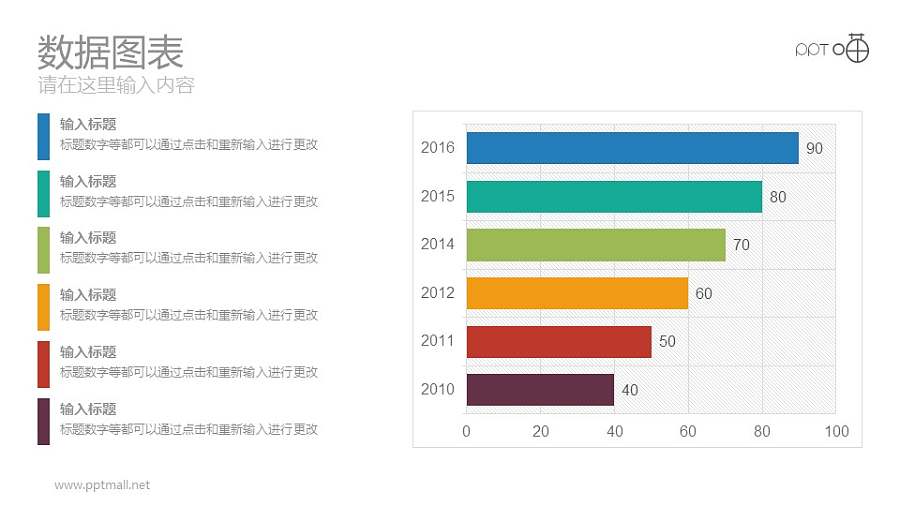 六个彩色条形纵向排列的数据图表PPT模板
