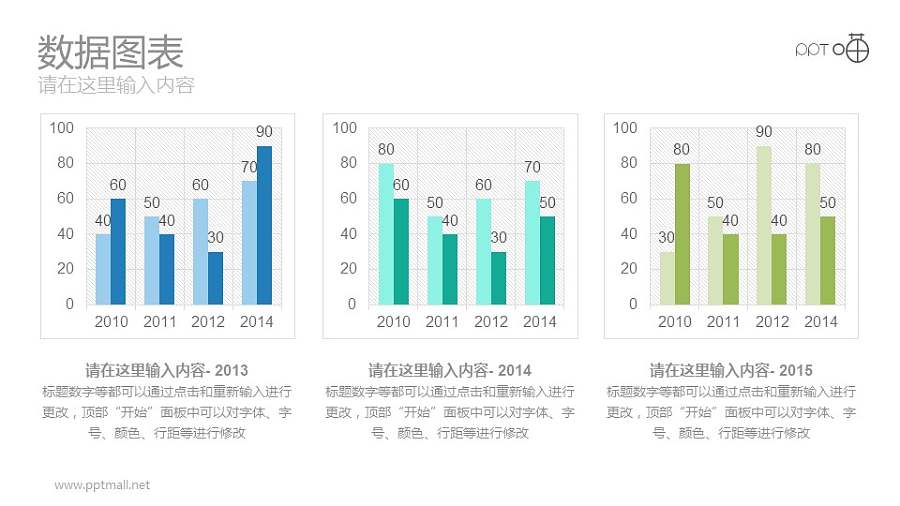 三组的蓝绿柱状图对比分析PPT素材模板
