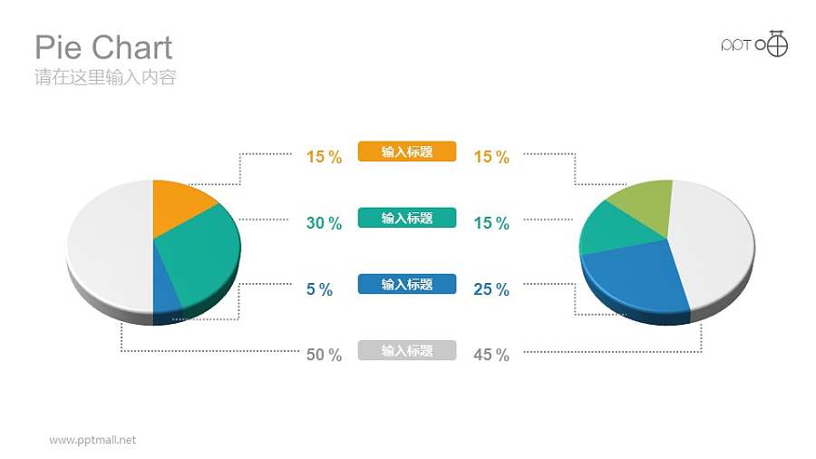 左右分布彩色动态饼图数据分析图表PPT模板