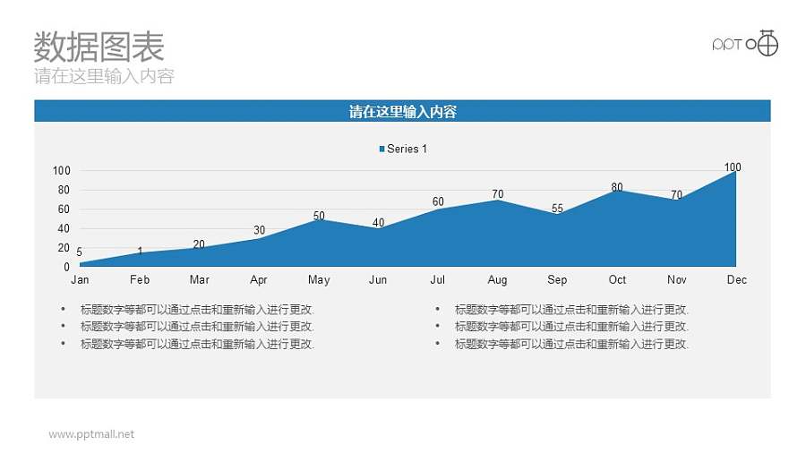 以月份为单位的蓝色面积图动态PPT图表