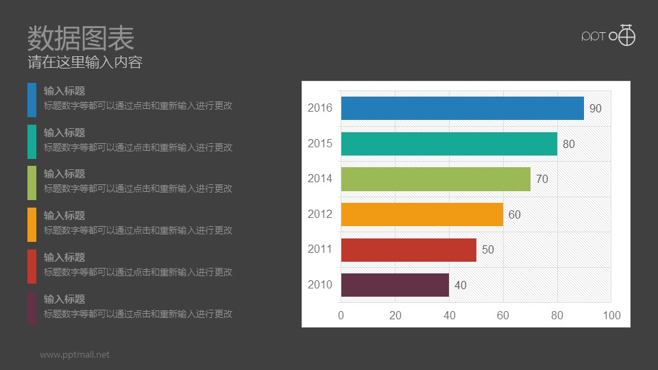 六個(gè)彩色條形縱向排列的數(shù)據(jù)圖表PPT模板