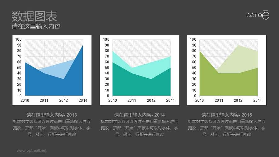 三组的蓝绿面积图数据变化分析PPT素材模板