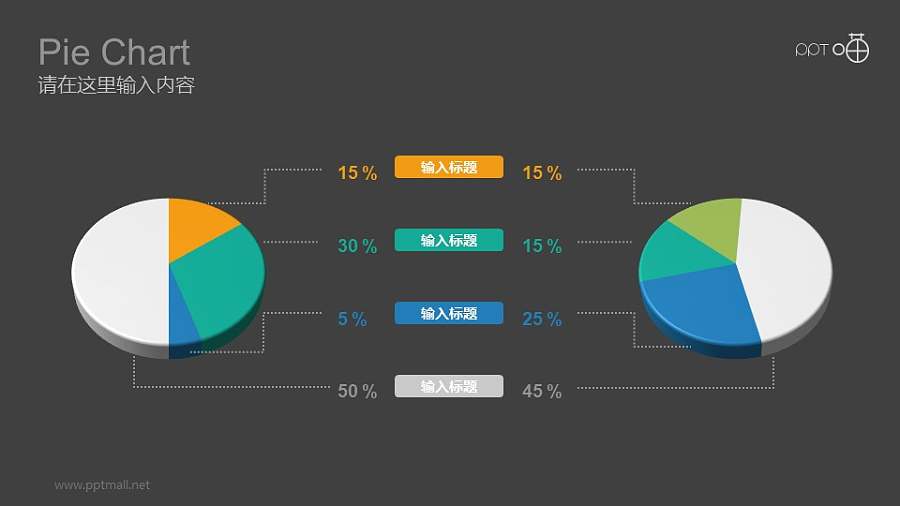 左右分布彩色动态饼图数据分析图表PPT模板