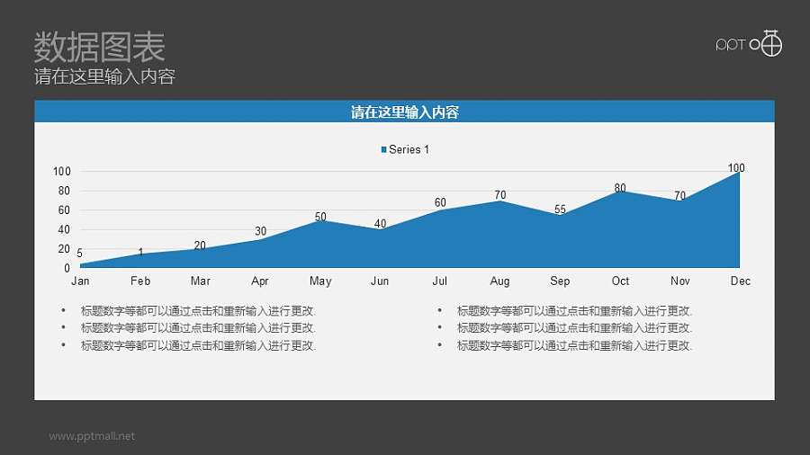 以月份为单位的蓝色面积图动态PPT图表