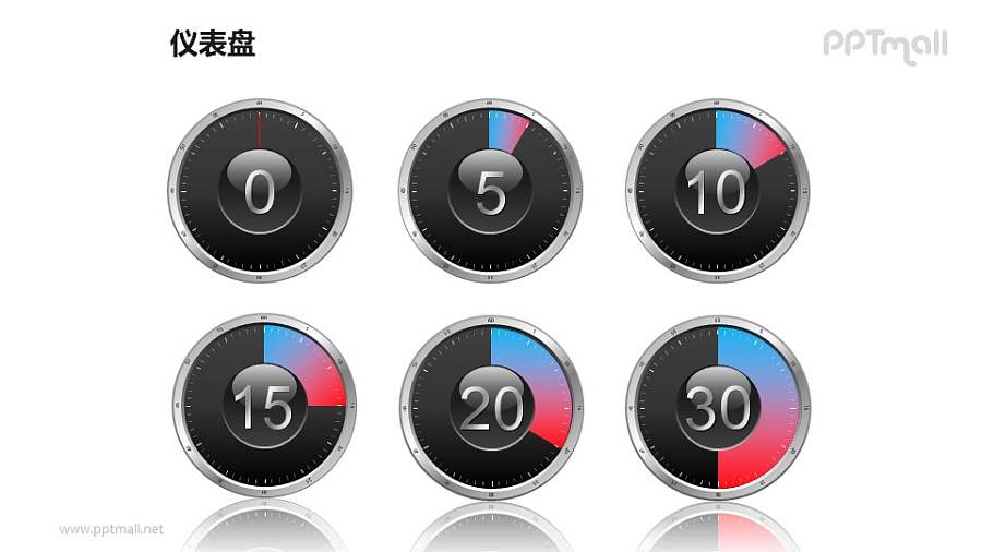 一组（共6个）可以调整角度的时钟/仪表盘PPT模板素材