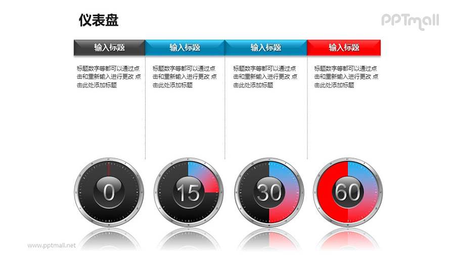 一组（共4个）仪表盘样式的横向排列可调节饼状图PPT模板素材