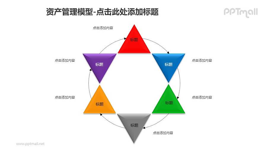 资产管理——多个（6个）三角形组成的循环图PPT模板素材
