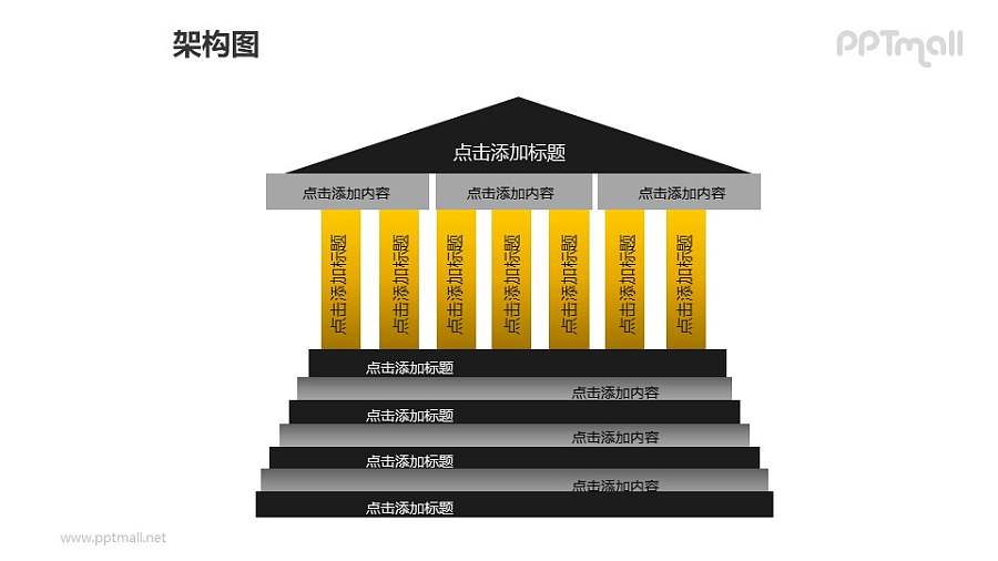 架构图——有阶梯的房屋建筑+文本框PPT图形素材