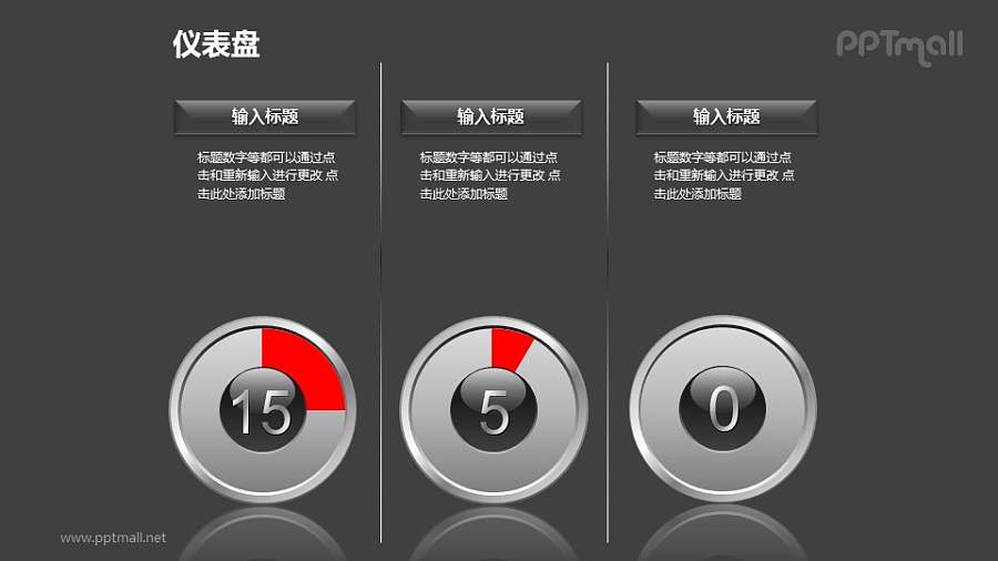 仪表盘样式的横向排列可调节饼状图PPT模板素材