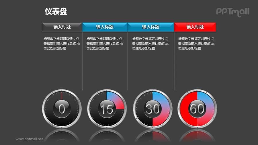 一组（共4个）仪表盘样式的横向排列可调节饼状图PPT模板素材