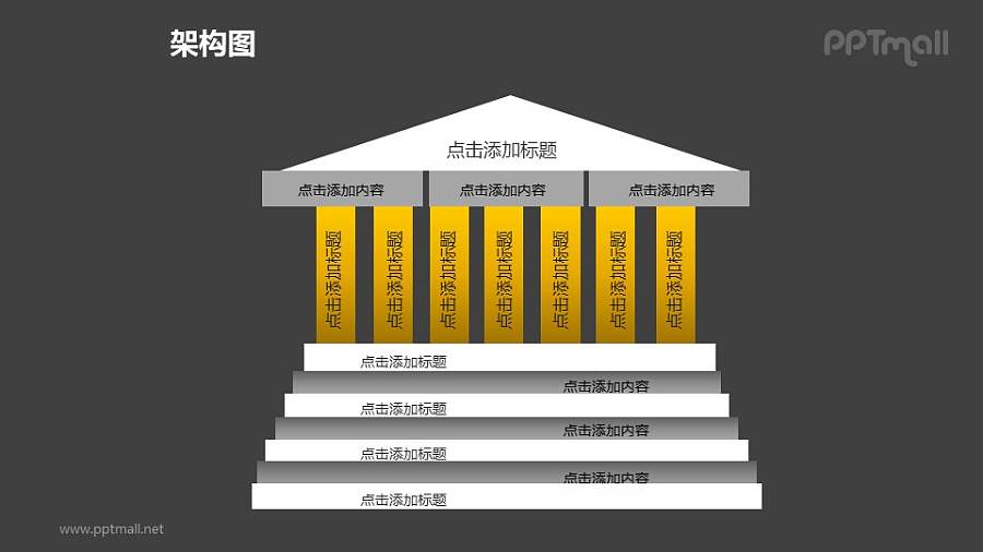 架构图——有阶梯的房屋建筑+文本框PPT图形素材