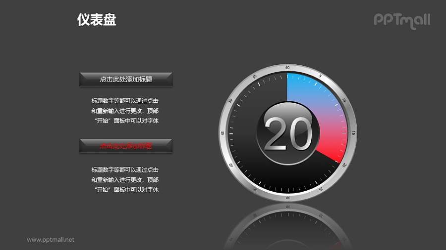 一组时钟/仪表盘样式的饼状图图文排版PPT模板素材