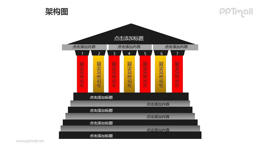 架构图——多级台阶建筑物样式的组织架构图PPT图形素材