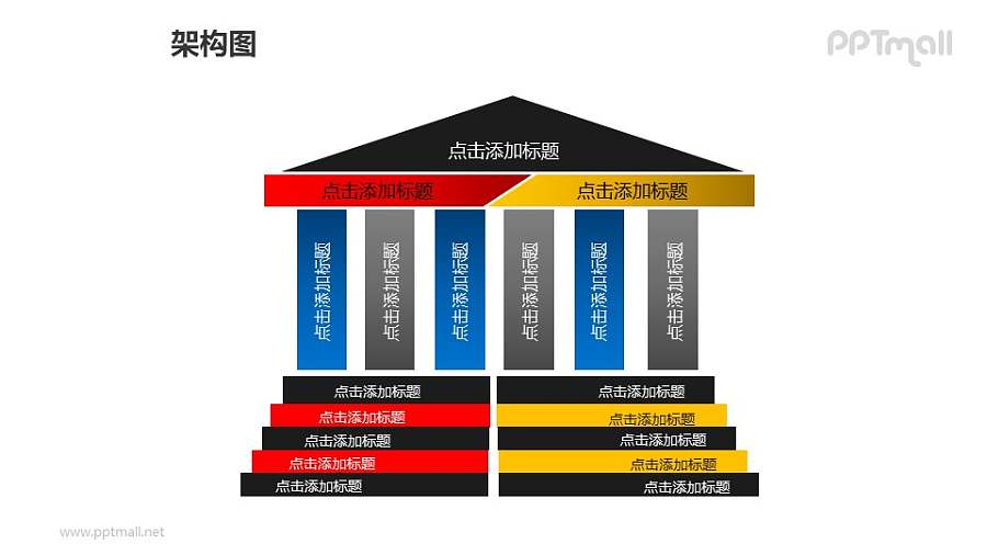 架构图——分为两列的建筑物样式的组织架构图PPT图形素材