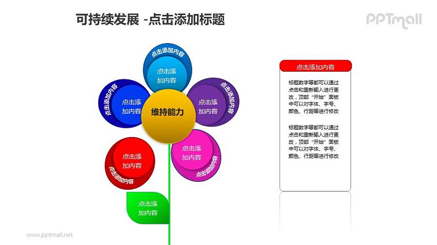 可持续发展——分离出一片红色花瓣的五色花+文本框PPT模板素材