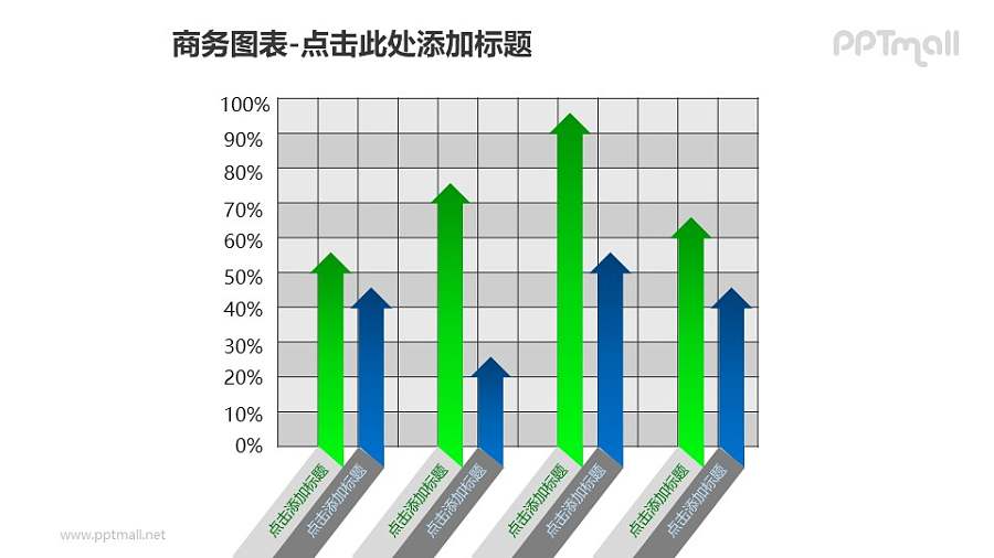 商务图表——蓝绿对比箭头样式的簇状柱形图PPT模板素材