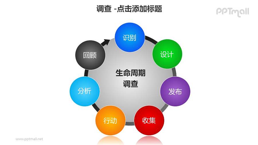 调查——生命周期调查7部分递进关系PPT图形模板