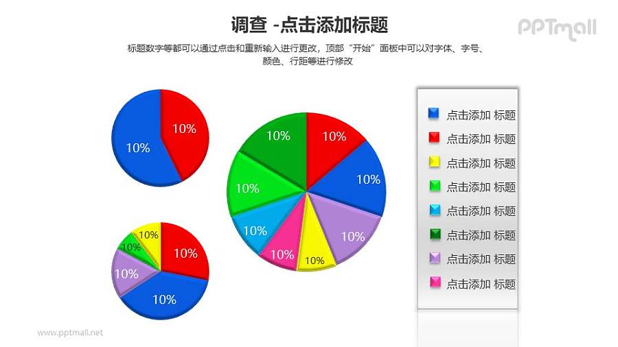 调查——三个表示百分比的饼状图PPT素材模板