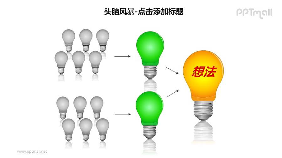头脑风暴——黄绿色灯泡层次关系PPT素材模板