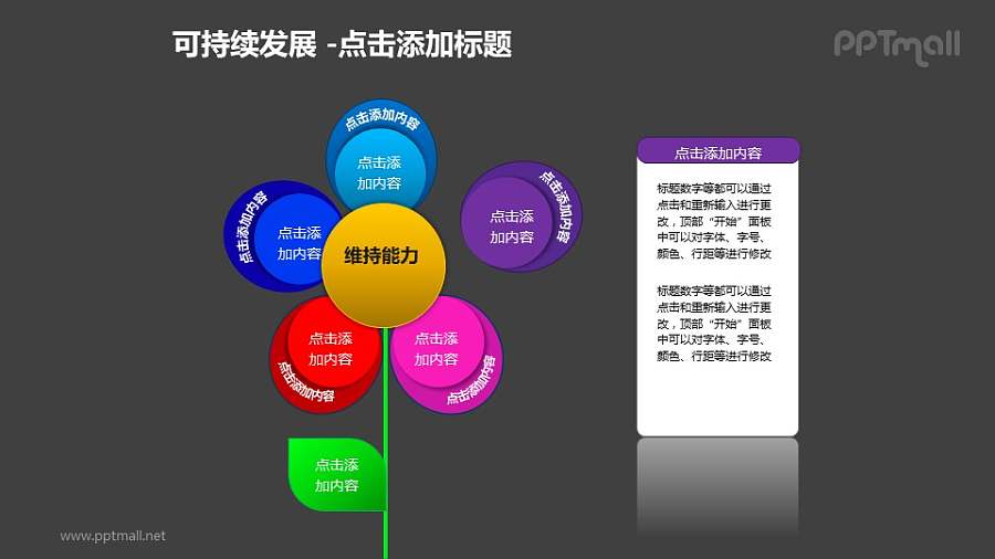 可持续发展——分离出一片紫色花瓣的五色花+文本框PPT模板素材