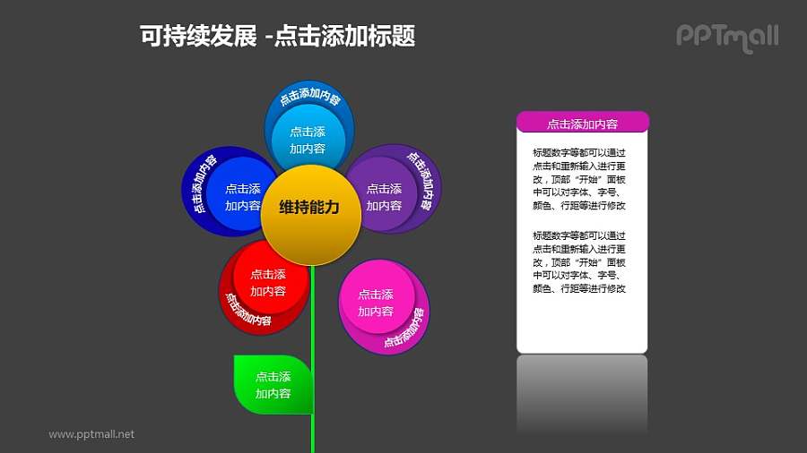 可持续发展——分离出一片粉色花瓣的五色花+文本框PPT模板素材