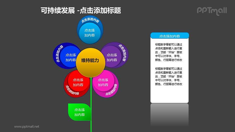 可持续发展——分离出一片浅蓝色花瓣的五色花+文本框PPT模板素材