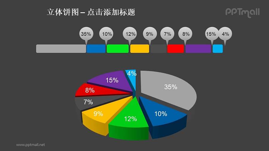 立体饼图——8部分相分离的饼状图+进度条PPT模板素材