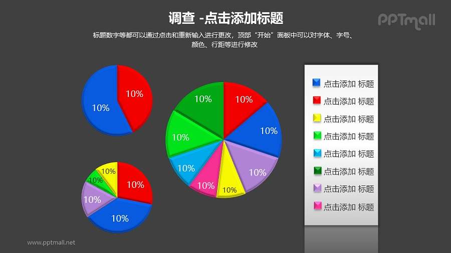 调查——三个表示百分比的饼状图PPT素材模板