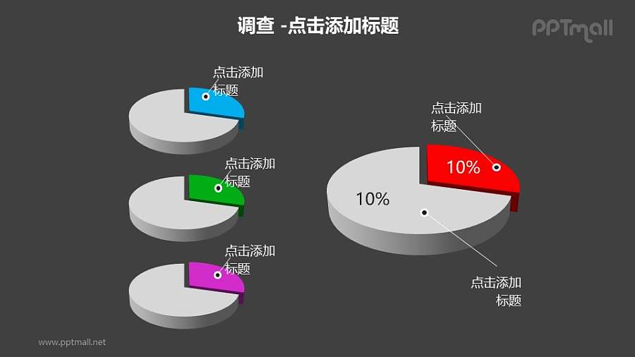 调查——1+3双色立体饼状图PPT素材模板