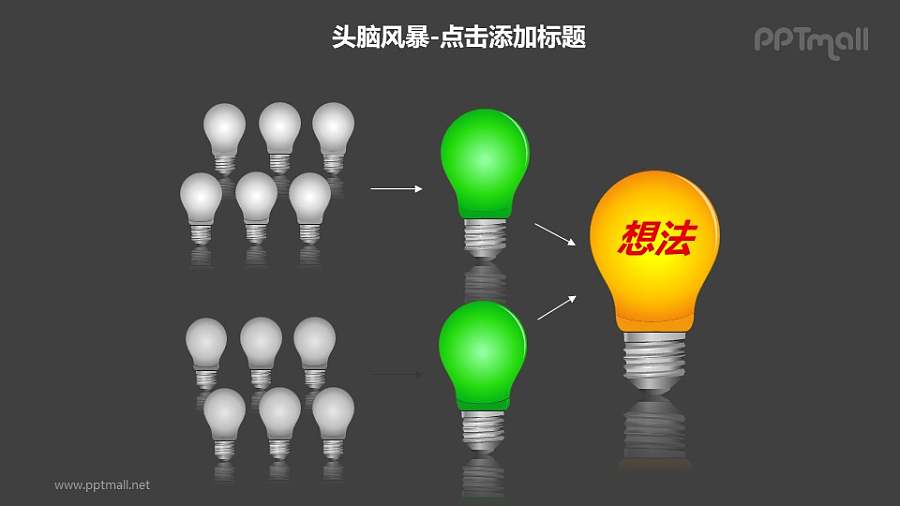 头脑风暴——黄绿色灯泡层次关系PPT素材模板
