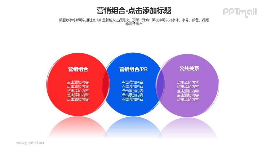 营销组合——三个并列的半透明圆形PPT模板下载