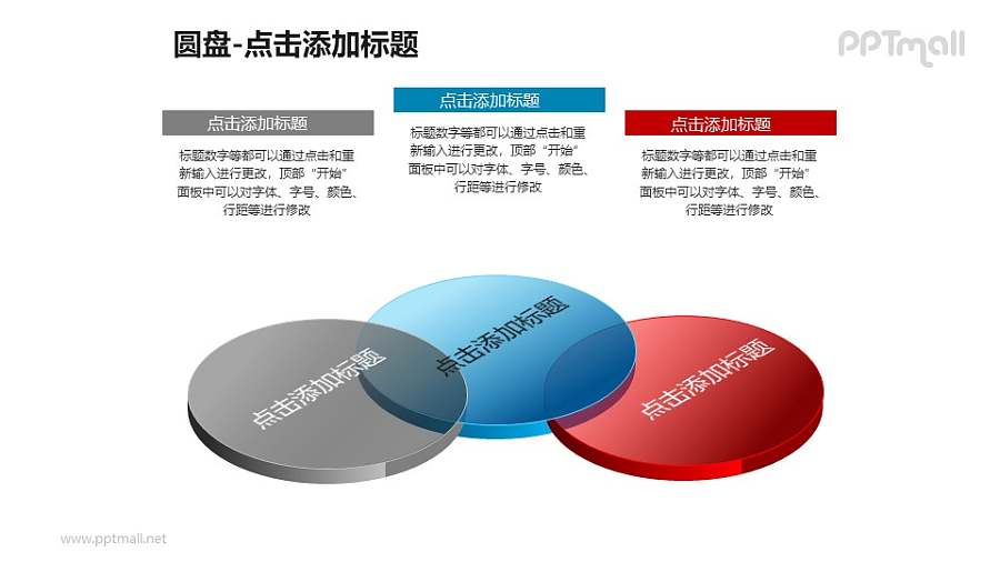 圆盘——3个并列的半透明立体文氏图PPT模板下载