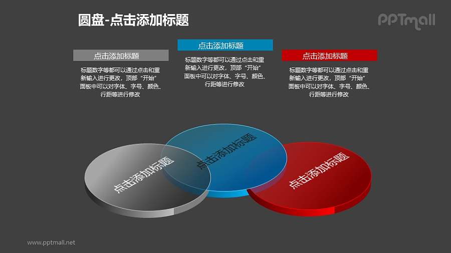 圆盘——3个并列的半透明立体文氏图PPT模板下载