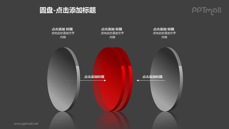 2+2红色半透明立体圆盘流程图PPT模板下载