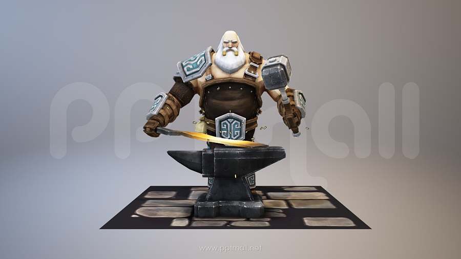 抡着铁锤造宝剑的游戏人物3D模型PPT素材