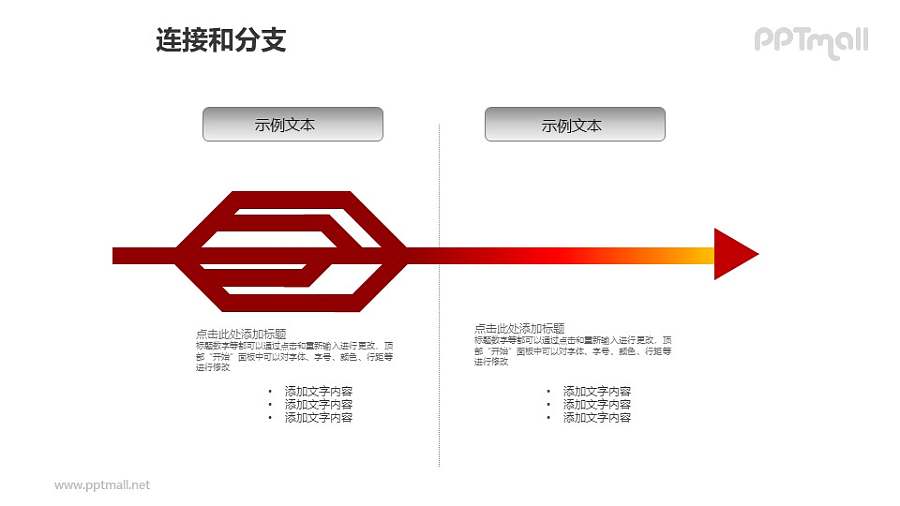 连接与分支——红色箭头两部分对比关系PPT模板素材