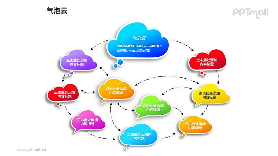 多个彩色的气泡云流程图PPT模板素材