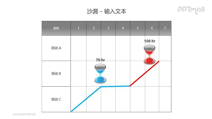 活动记录表格上的红蓝沙漏PPT模板素材