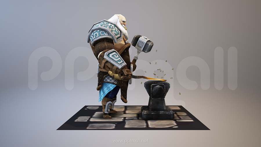 抡着铁锤造宝剑的游戏人物3D模型PPT素材