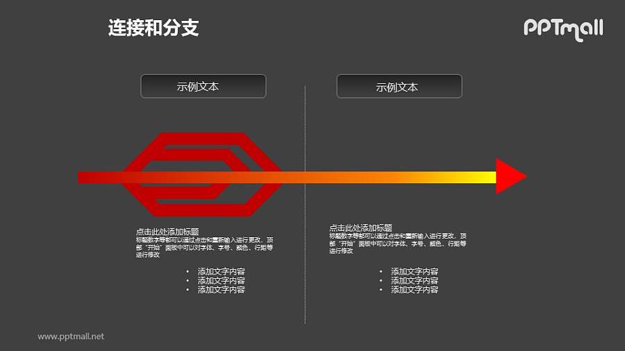 连接与分支——红色箭头两部分对比关系PPT模板素材