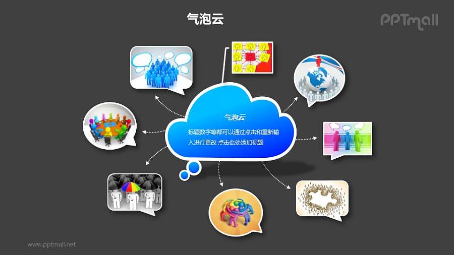 图片+气泡云汇聚关系PPT模板素材