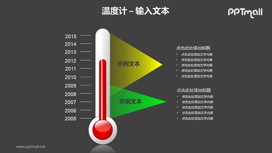 红色温度计+黄绿文本框PPT模板素材