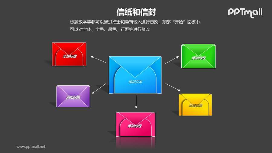 6个彩色的信封总分关系PPT模板素材