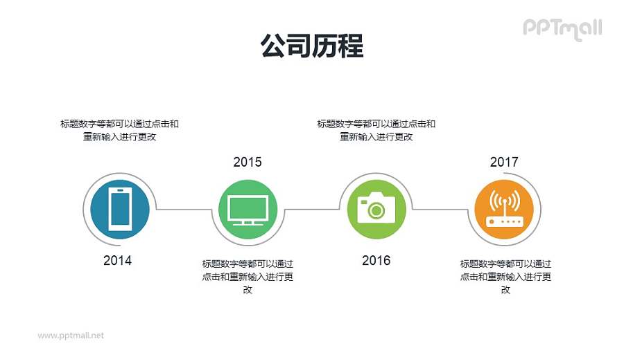 公司历程-横向带年份和icon的时间轴PPT素材下载