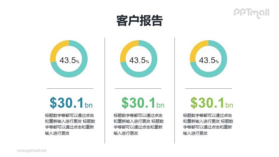 3组横向排列的圆环图PPT素材模板